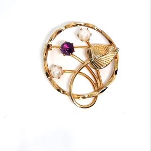 Vintage Dixelle Dainty 12k GF Amethyst Faux Pearl Deco Leaf  Circle Brooch Pin